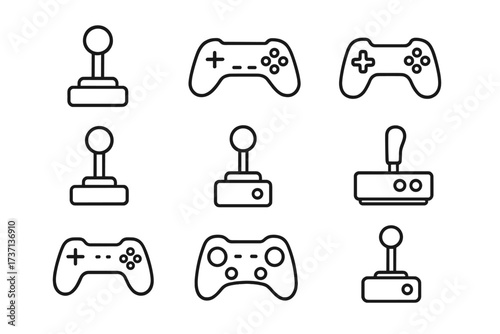 Joystick and gamepad line icon set. Minimalistic vector pictograms for video games. Retro arcade and modern console controllers. Editable stroke symbols for UI, UX design.