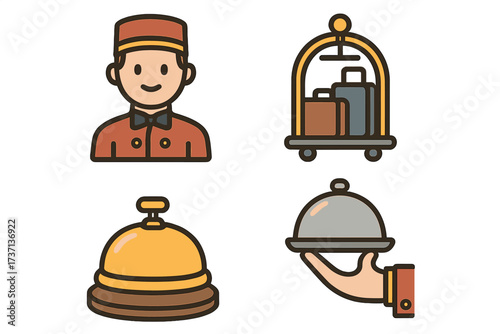 Hotel and hospitality services line icon set. Vector collection of bellboy, luggage cart, reception bell, and room service cloche for travel, tourism, and accommodation design.