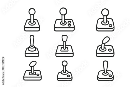 Joystick line icon pack. Game controller, video game, and arcade symbol set. Editable stroke for UI design. Retro gaming linear pictogram vector illustration for web or app.