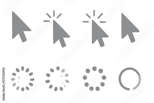 Computer mouse cursor click pointer arrow icons set collection gray loading spinner circle. Web interface navigation digital UI UX design elements technology symbols