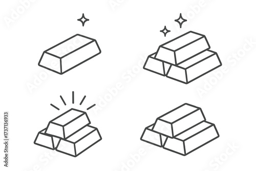 Gold bar line icon set. Bullion and ingot stack. Symbol of finance, investment, banking. Concept of wealth, treasure, savings, and precious metal. Editable stroke vector illustration.