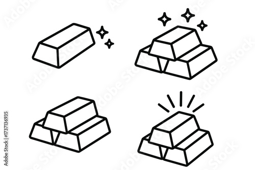 Gold bar line icon set. Stack of gold bullion vector symbols. Concept of finance, wealth, banking, treasure, and investment. Shiny precious metal ingot for economy design.