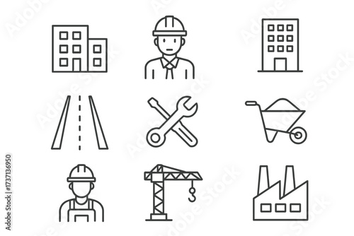 Construction industry line icon set. Building, engineer, business, road, repair tools, equipment, helmet, crane, and builder vector collection for web and mobile apps.