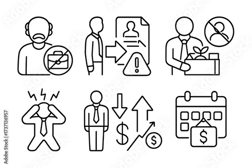 Unemployment line icons. Job loss, financial crisis, and economic recession concepts. Jobless, fired, laid off, rejected, retirement, stress, bankruptcy, inflation vector set.