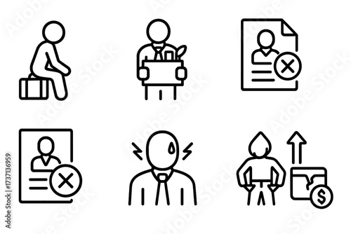 Unemployment line icon set. Jobless, fired, laid off, rejected worker concepts. Financial crisis, bankruptcy, inflation, debt collection, and business failure symbols. Vector.