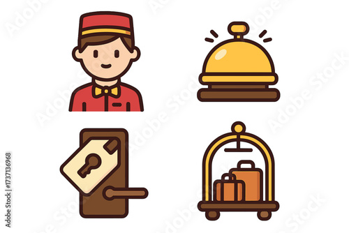 Hotel service and travel icon set. Hospitality business symbols for booking and accommodation. Vector collection with bellboy, reception bell, room key, and luggage cart.