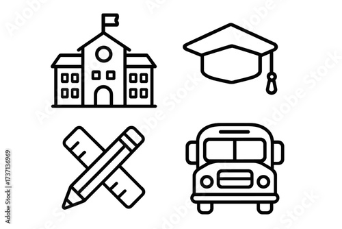 School and education line icon set. Vector collection of learning symbols. Back to school concept with university building, graduation cap, pencil, ruler, and school bus.