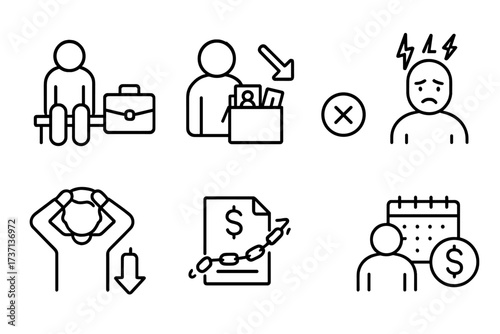 Jobless and unemployment line icon set. Concepts of being fired, laid off, rejected. Financial crisis, bankruptcy, debt, inflation. Mental stress, anxiety, failure. Vector.