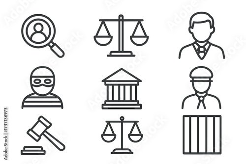 Law and justice line icon set. Court, legal investigation, crime, and judgment concepts. Vector icons of judge, criminal, courthouse, gavel, prison bars, and scales of justice.
