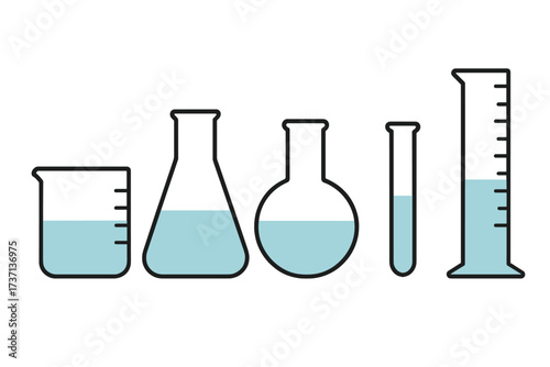 Laboratory glassware icon set. Chemistry lab equipment with beaker, flask, test tube, cylinder. Scientific research, experiment, analysis concept. Vector illustration with liquid.