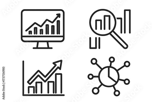 Data analytics line icon set. Big data processing, statistics graph, business growth chart, market research analysis. Vector icons for web, infographic and UI design.