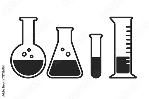 Chemical lab glassware icon set. Vector illustration of laboratory equipment. Flask, test tube, beaker, graduated cylinder. Science, chemistry, experiment, research, analysis.