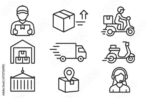 Delivery and logistics icon set in thin line style. Courier, shipping, express delivery, warehouse, truck, scooter, container, order tracking, support, business pictograms.