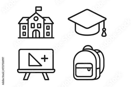 Education icon set. Back to school concept. University, college, learning. Graduation cap, schoolbag, blackboard, building. Study symbol. Knowledge, science, lesson elements.