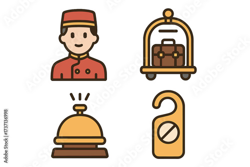 Hotel service and hospitality color line icon set. Bellboy, luggage cart, reception bell, do not disturb sign. Vector icons for travel, vacation, booking, tourism and accommodation.