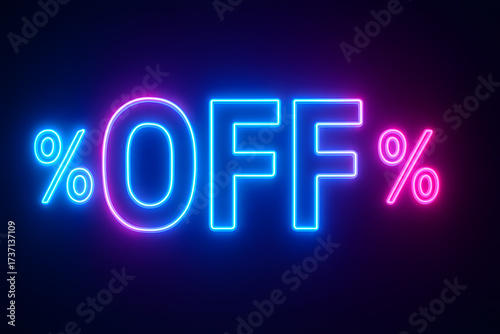 Percent Off Neon Text Sign Glowing Blue And Pink On Dark Background