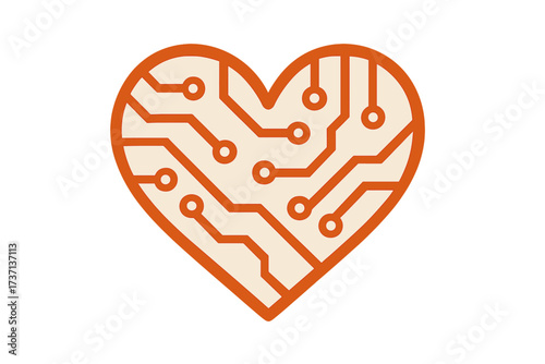 Technology love metaphor with heart shape circuit board. Digital romance and passion concept. Electronic connection and AI icon. Vector logo illustration for modern dating and tech.