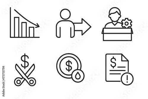 Economic crisis and recession icon set. Line art concepts of financial problems, unemployment, job loss, layoff, and pay cuts. Vector illustration for business and finance.