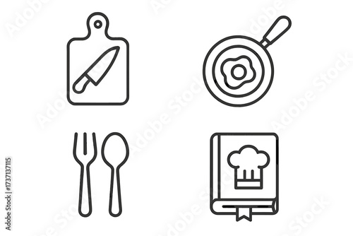 Cooking line icon set. Food preparation, kitchen utensil and cutlery vector illustration. Recipe book, breakfast fried egg in pan, cutting board with knife for restaurant menu.