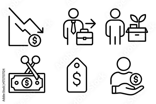 Economic crisis line icon set. Concepts of financial recession, unemployment, job loss, and budget cuts. Business and finance vector symbols for infographics. Decrease, layoff.