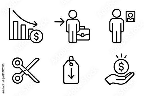 Economic crisis line icon set. Concepts of financial recession, business decrease, job loss, layoff, unemployment, fired employee, pay cuts, and low cost price reduction.