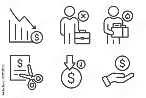 Economic crisis and recession line icon set. Financial downturn concepts. Vector icons of job loss, unemployment, fired employee, pay cuts, budget reduction, low income.