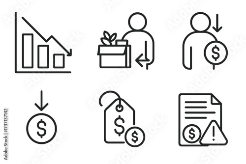 Economic crisis line icon set. Financial recession, unemployment, and job loss concepts. Icons for decrease, layoff, fired, pay cut, budget reduction, and low cost.
