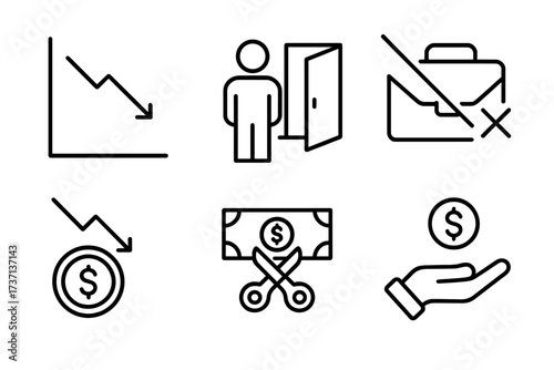 Economic crisis line icon set. Business recession, financial problem, and unemployment concepts. Vector collection of layoff, fired, pay cut, decrease, and low cost symbols.