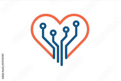 Technology heart logo with a circuit board design. A metaphor for digital love, online dating, passion for tech, or health technology. Vector icon for cardiology and AI.