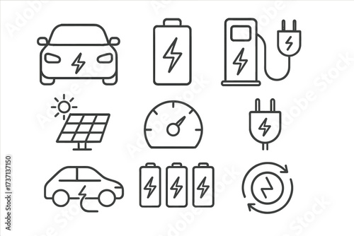 Electric vehicle line icon set. EV transport symbols collection. Includes electric car, battery, charging station, solar panel, range gauge, and plug. Sustainable energy concept.