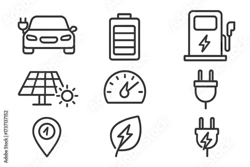 Electric vehicle line icon set. EV car, battery, charging station, solar panel, plug and eco energy symbols. Editable stroke vector collection for web, app and infographic.