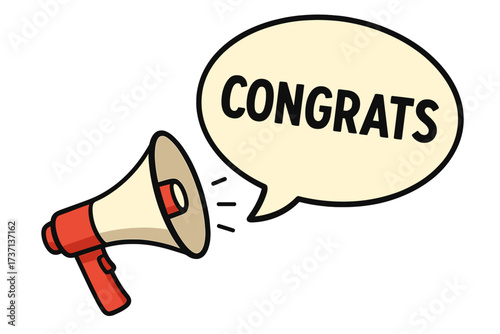 Megaphone with congrats speech bubble. Loudspeaker for business, marketing and advertising announcement. Congratulations celebration vector banner design element. Isolated illustration.