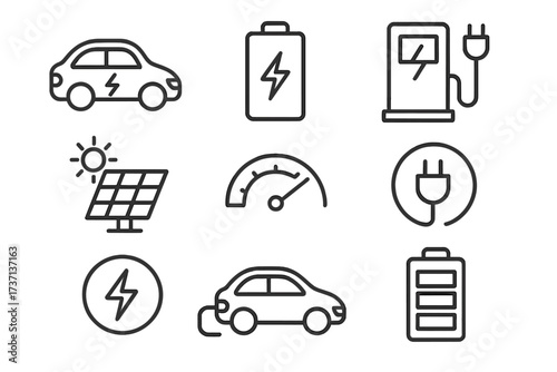 Electric vehicle icon set. EV car, charging station, battery power, solar panel and plug symbols. Green energy and eco transport concept. Line art illustration with editable stroke. Vector.