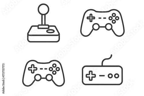 Video game controller line icon set. Joystick, gamepad, console control pad pictogram collection. Retro and modern gaming symbols. Editable stroke vector for web and app design.