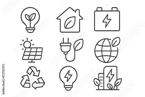 Green energy and ecology line icon set. Vector collection of energy saving symbols. Renewable resource, electricity, solar panel, recycle sign, eco house, lightbulb, battery.
