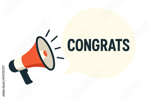Megaphone with congrats speech bubble. Loudspeaker for business marketing and advertising. Announcement of success, promotion or celebration. Congratulations vector banner concept.