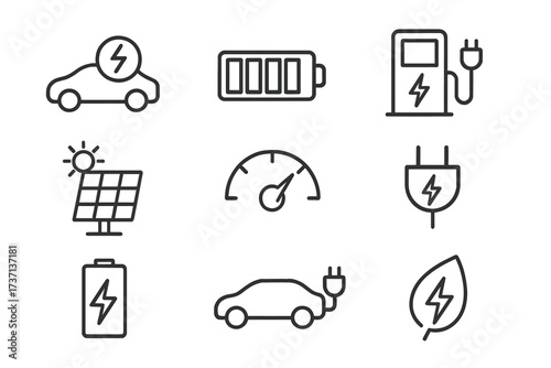 Electric vehicle and green energy line icon set. EV transport symbols. Car, battery, charging station, plug, solar panel, renewable power, eco leaf. Vector icons with editable stroke.
