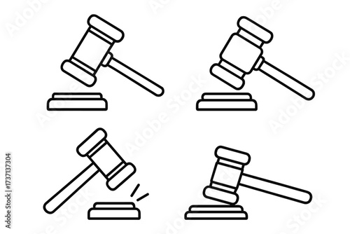 Judge gavel outline icon set for law and justice concepts. Courtroom hammer and block vector collection. Symbol for auction, verdict, sentence, and authority. Editable stroke.