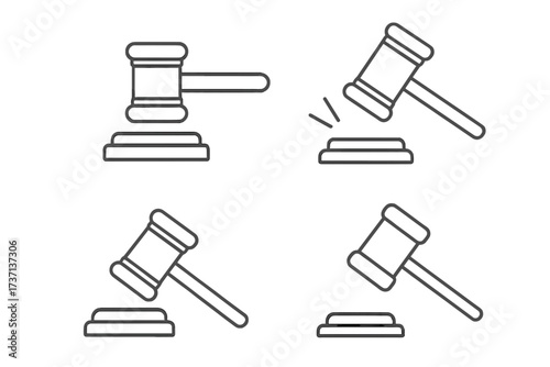 Judge gavel outline icon set. Vector collection of court hammer symbols for law, justice, and auction. Legal judgment, verdict and legislation concept. Editable stroke line art.