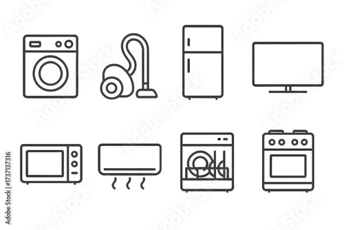 Home appliances icon set in thin line style. Household electronics collection. Vector symbols for web. Washing machine, refrigerator, TV, microwave, oven, dishwasher icon.