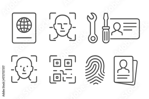 Identity and verification line icon set. Vector collection of passport, biometric data, face ID, driver license, and fingerprint scan symbols. Personal identification and security concept.