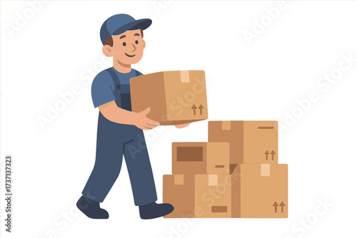 Mover man in uniform carrying a cardboard box. Concept for moving service, office relocation, transport company. Professional loader, delivery worker with parcels. Logistics.