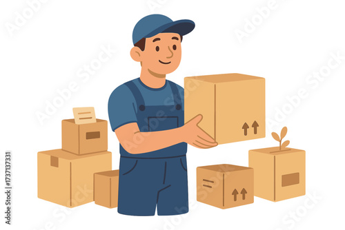 Mover man carrying cardboard boxes. Moving office service. Concept delivery, relocation, transport company. Loader character in uniform. Packing and shipping. Logistics worker.