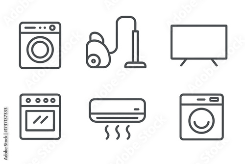 Home appliances line icon set. Household equipment collection. Washing machine, vacuum, TV, oven, air conditioner. Simple outline vector pictogram for web and UI design.