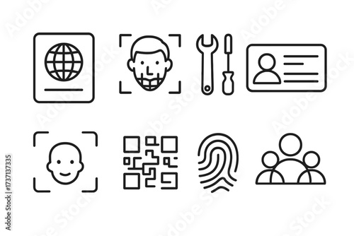 Identity and verification line icon set. Passport, biometric, driving license, face id recognition, qr code and fingerprint symbols. Personal data security and authentication concept.