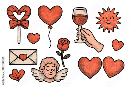Retro Valentine's Day elements set with grainy texture. Hand-drawn romantic icons collection. Love concept with heart, cupid, rose, wine, letter, and candy for vintage design.