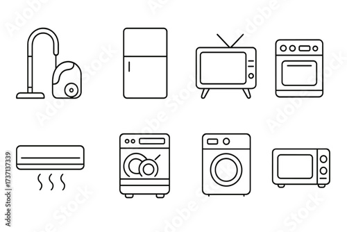 Home appliances vector line icons set. Household electronics and kitchen equipment collection. Includes refrigerator, tv, oven, washer, dishwasher, microwave, vacuum, AC.