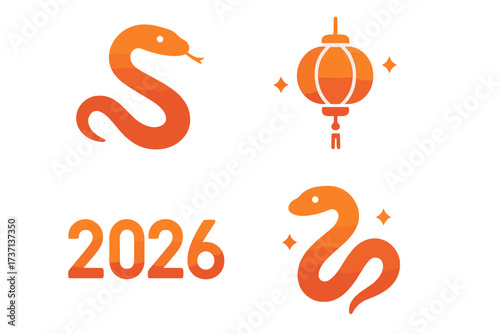 Chinese New Year 2026 Year of the Snake vector icon set. Minimalist gradient silhouette illustrations of snakes, lanterns for festive Asian holiday celebration. Oriental zodiac symbol.
