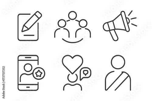 Influencer marketing line icon set. Social media content creation, community management, brand promotion and ambassador program vector pictograms for web and mobile app UI.
