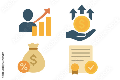 Finance icon set. Income increase strategy. Return on investment. Fund raising. Revenue growth. Loan interest rate. Credit money. Budget balance. Successful deal. Vector flat.
